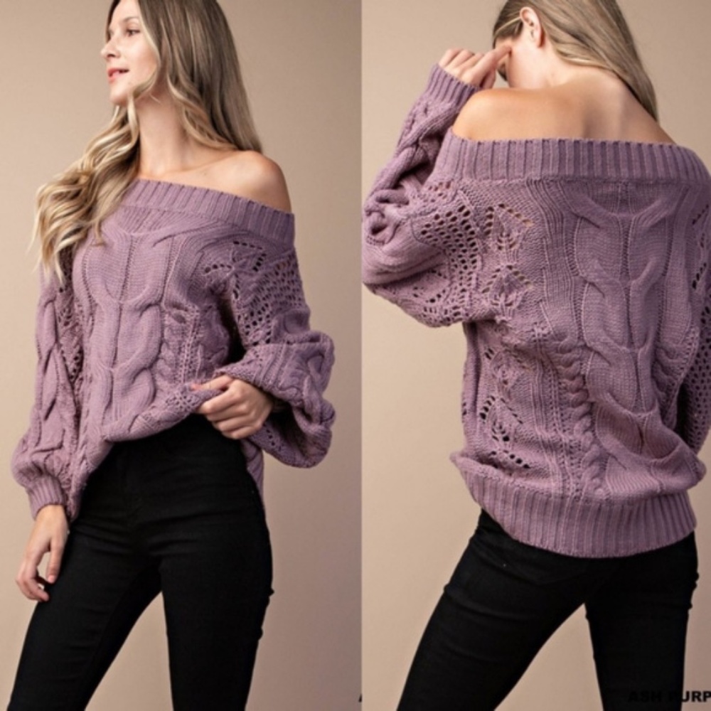 Cozy off shoulder cable knit puff sleeve Sweater - Picture 8 of 10
